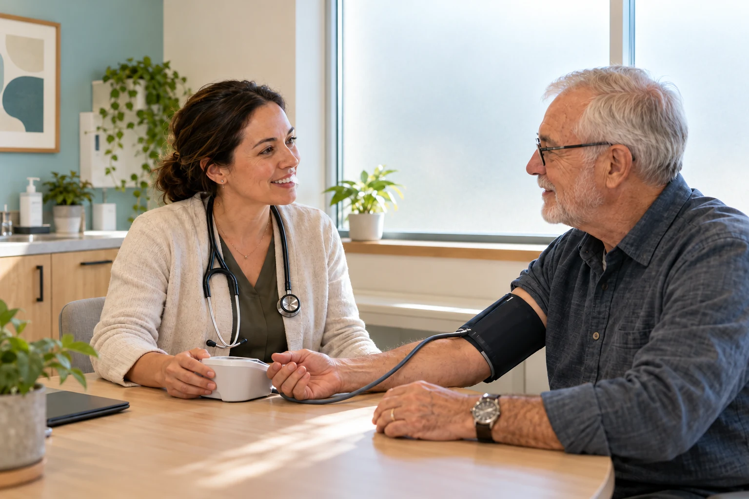 A healthcare professional taking an adult patient’s blood pressure
